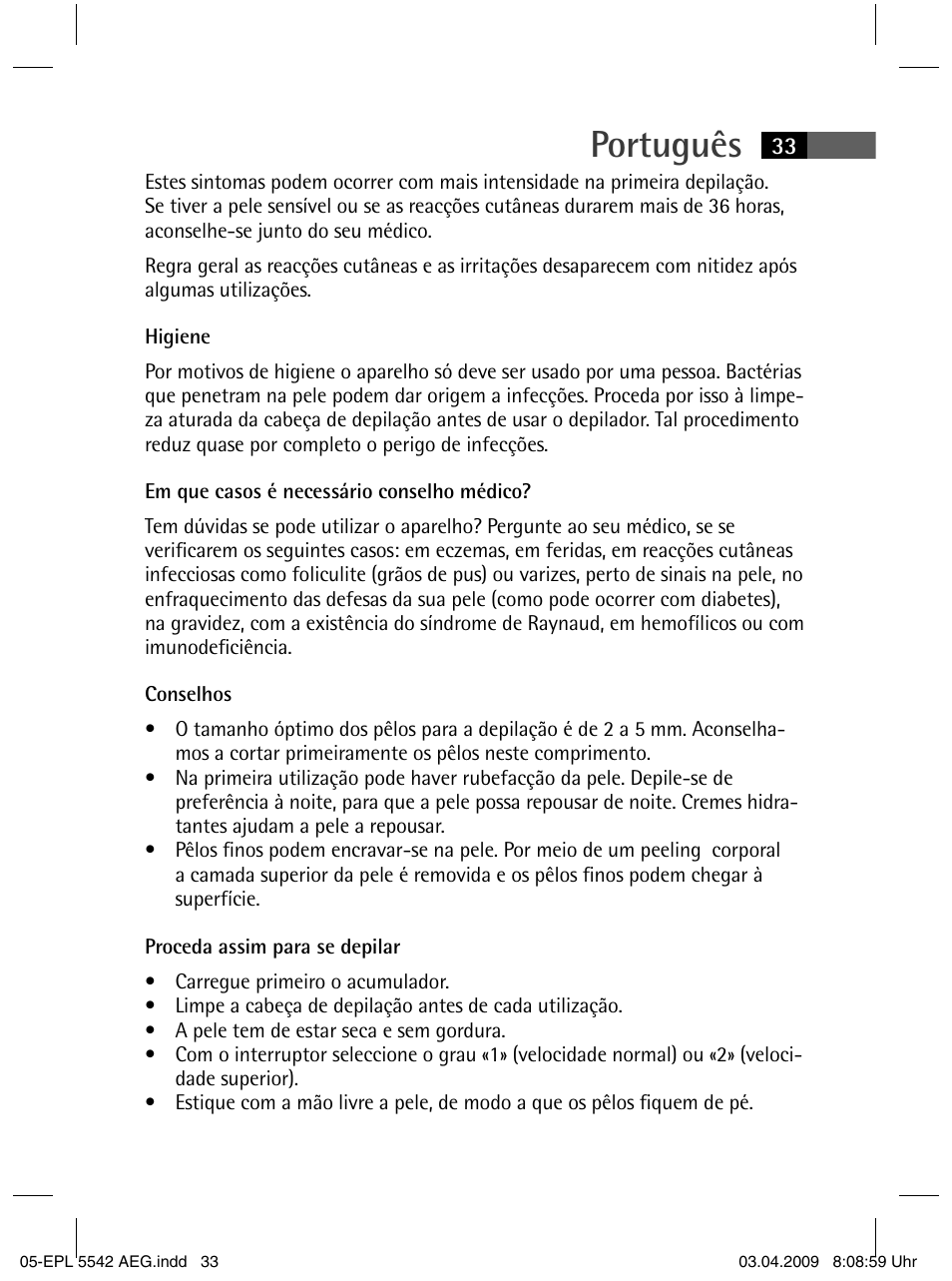Português | AEG EPL 5542 User Manual | Page 33 / 78