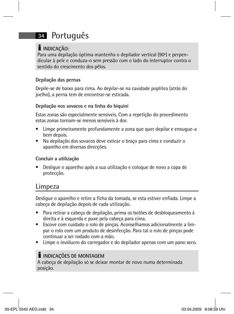 Português, Limpeza | AEG EPL 5542 User Manual | Page 34 / 78