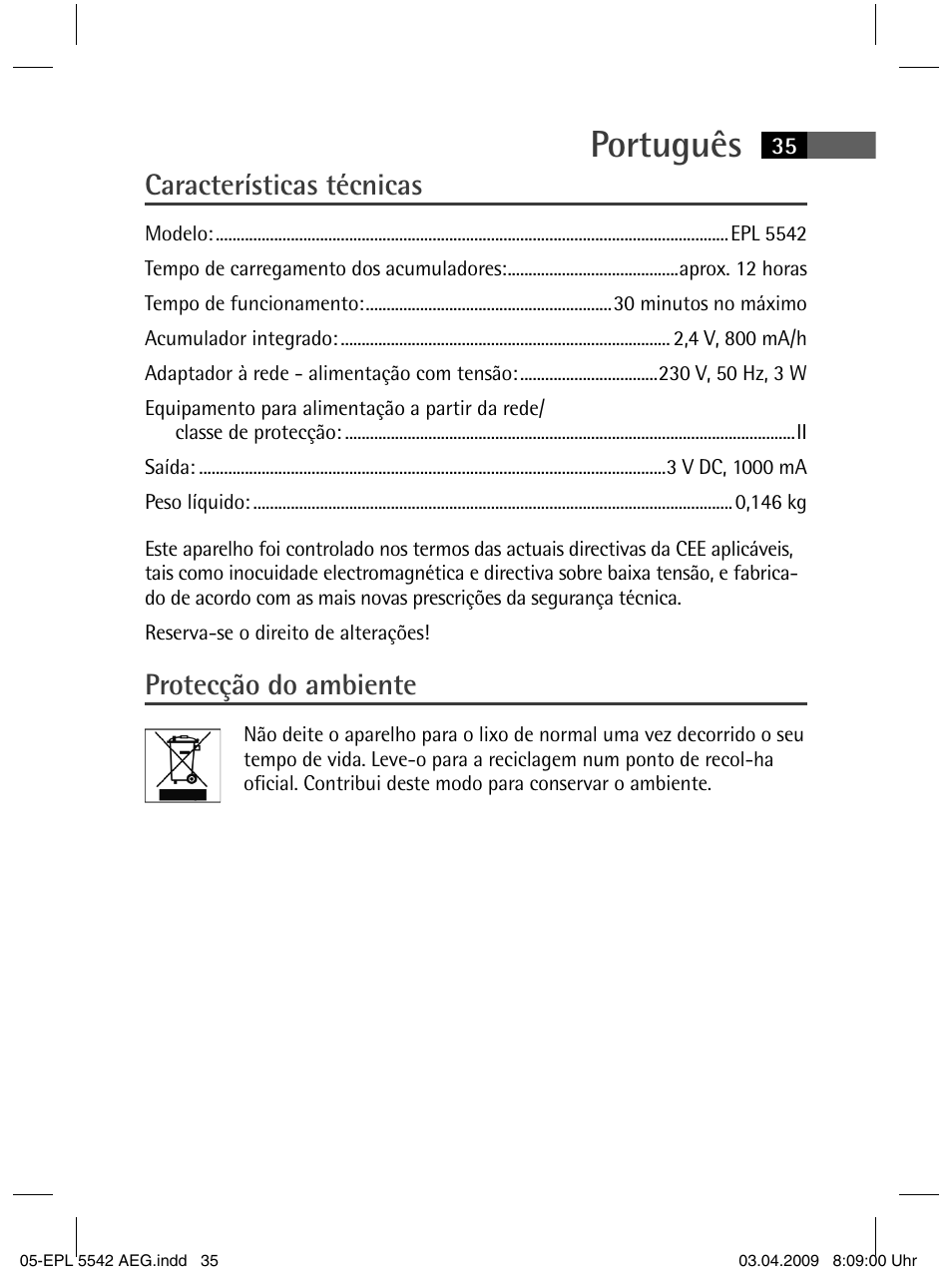 Português, Características técnicas, Protecção do ambiente | AEG EPL 5542 User Manual | Page 35 / 78