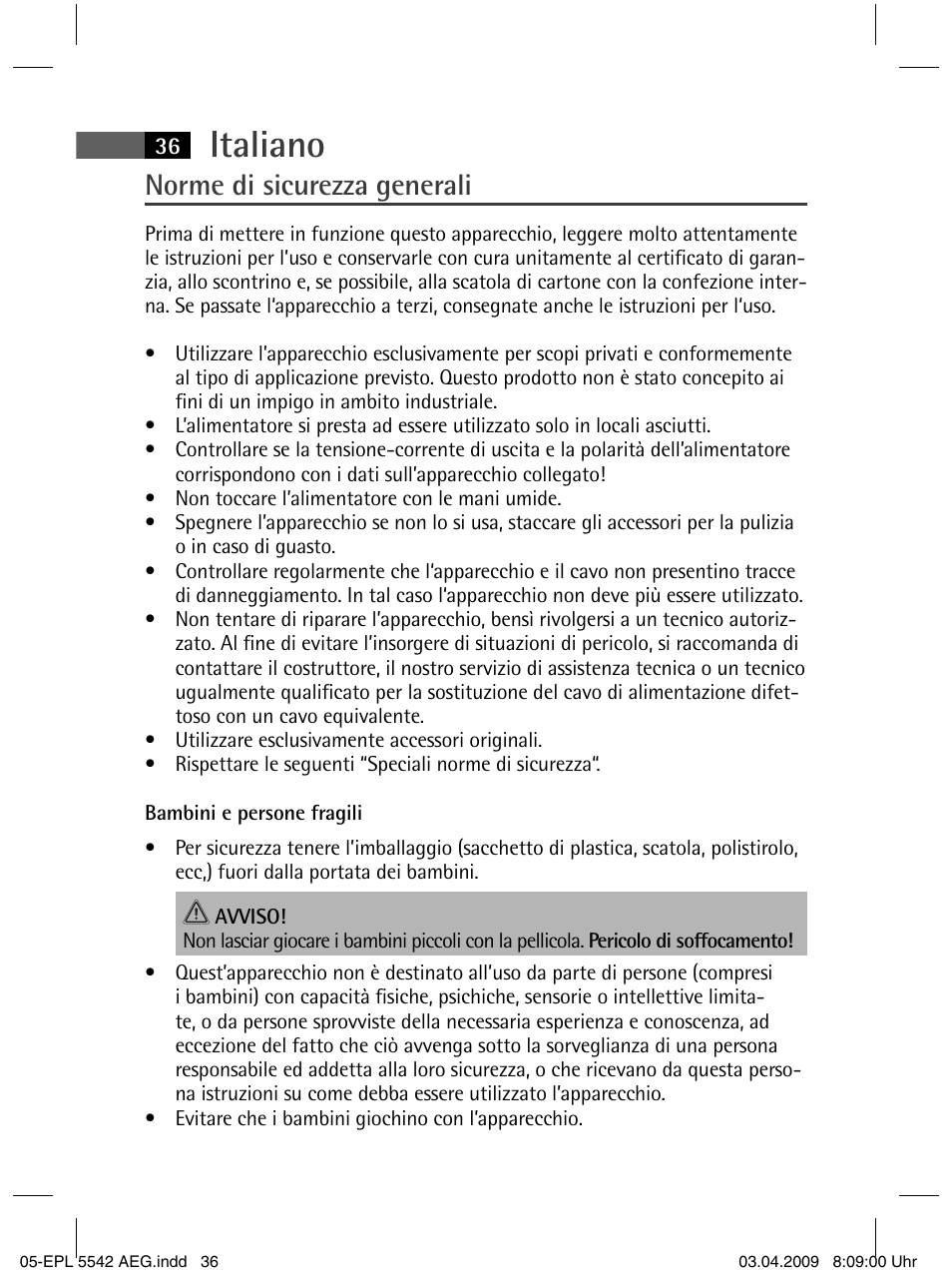 Italiano, Norme di sicurezza generali | AEG EPL 5542 User Manual | Page 36 / 78