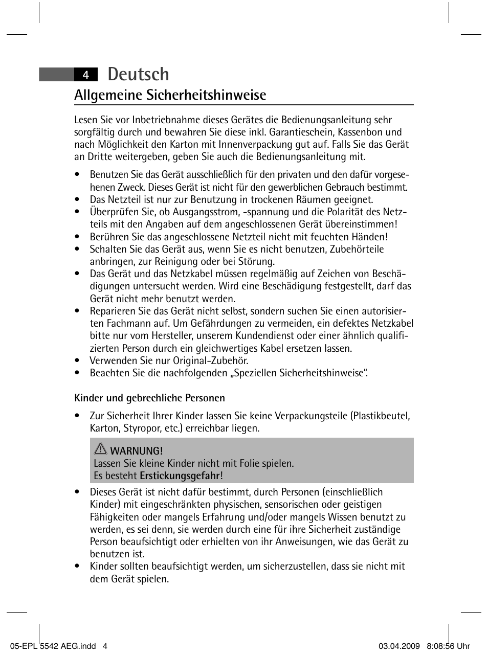 Deutsch, Allgemeine sicherheitshinweise | AEG EPL 5542 User Manual | Page 4 / 78