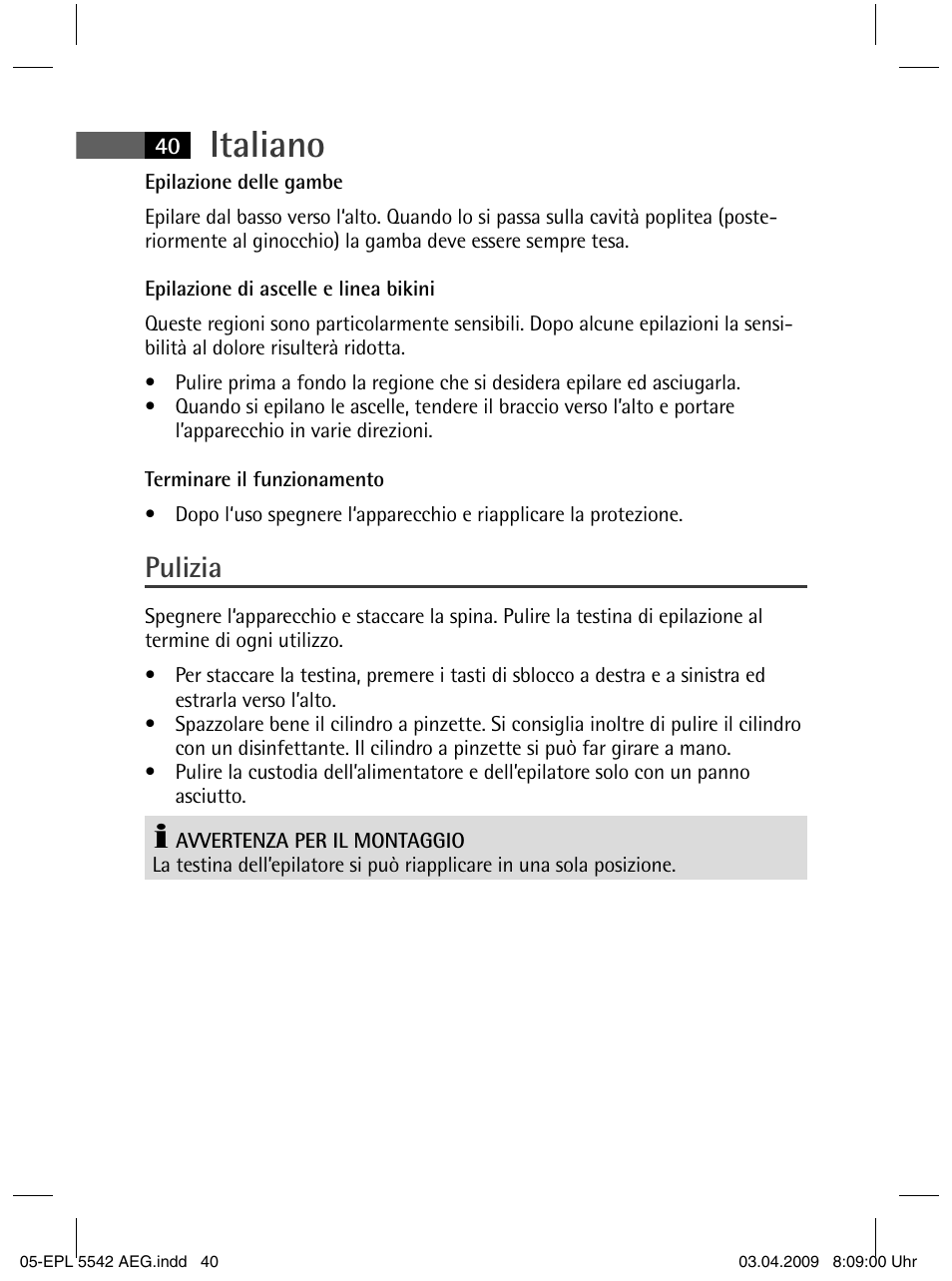 Italiano, Pulizia | AEG EPL 5542 User Manual | Page 40 / 78