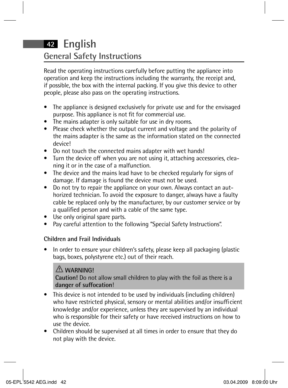 English, General safety instructions | AEG EPL 5542 User Manual | Page 42 / 78
