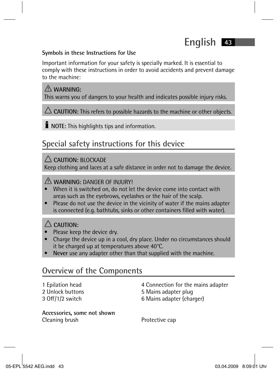 English, Special safety instructions for this device, Overview of the components | AEG EPL 5542 User Manual | Page 43 / 78