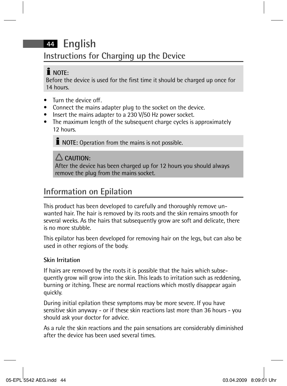 English, Instructions for charging up the device, Information on epilation | AEG EPL 5542 User Manual | Page 44 / 78