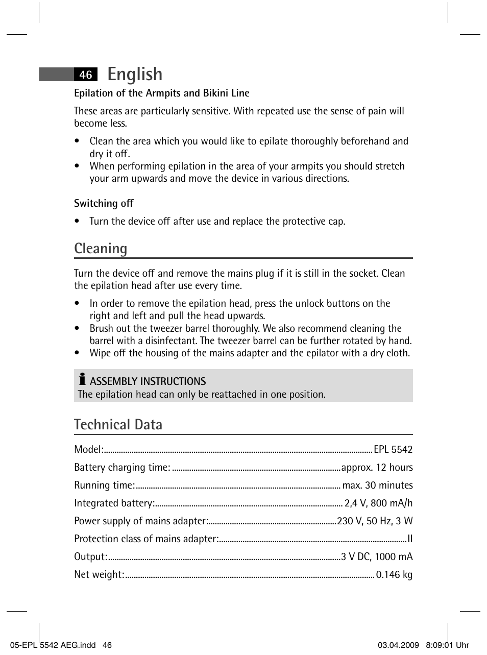 English, Cleaning, Technical data | AEG EPL 5542 User Manual | Page 46 / 78