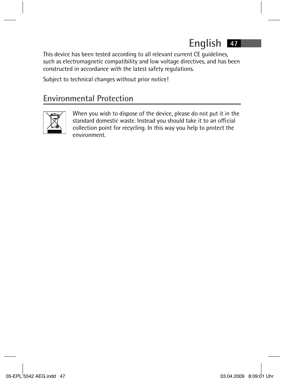 English, Environmental protection | AEG EPL 5542 User Manual | Page 47 / 78