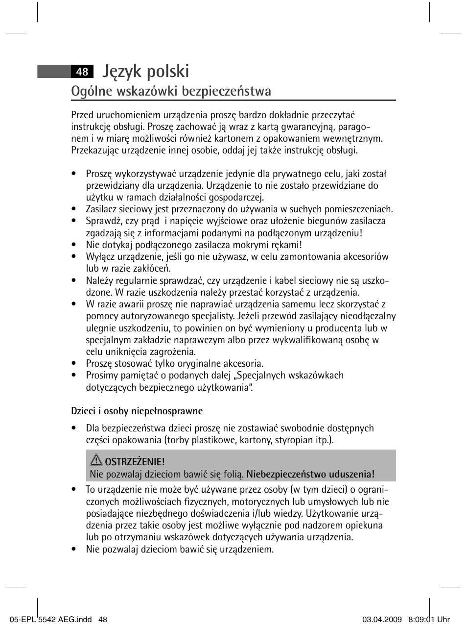 Język polski, Ogólne wskazówki bezpieczeństwa | AEG EPL 5542 User Manual | Page 48 / 78