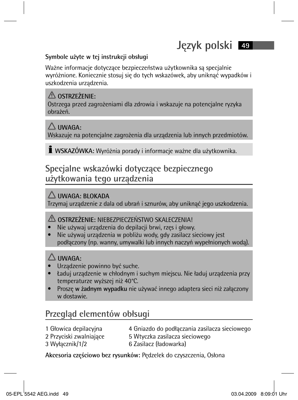 Język polski, Przegląd elementów obłsugi | AEG EPL 5542 User Manual | Page 49 / 78