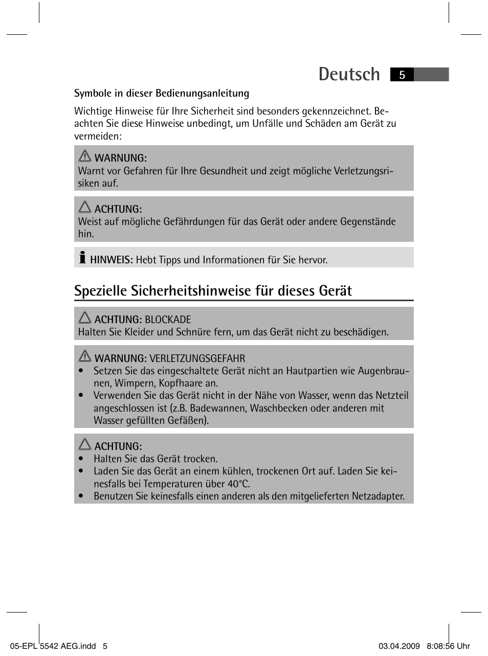 Deutsch, Spezielle sicherheitshinweise für dieses gerät | AEG EPL 5542 User Manual | Page 5 / 78