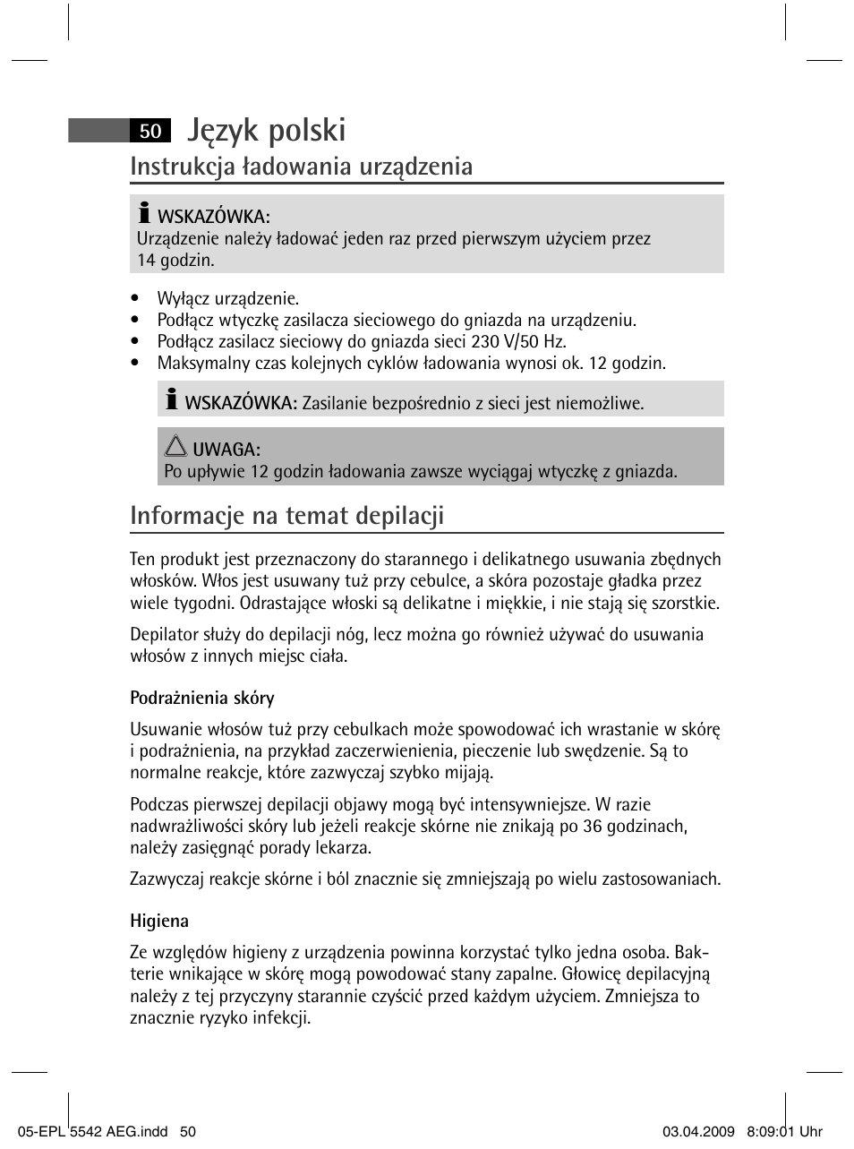 Język polski, Instrukcja ładowania urządzenia, Informacje na temat depilacji | AEG EPL 5542 User Manual | Page 50 / 78