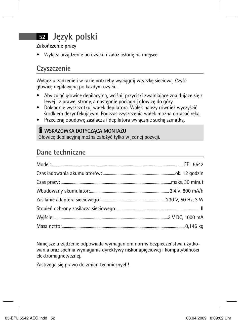 Język polski, Czyszczenie, Dane techniczne | AEG EPL 5542 User Manual | Page 52 / 78
