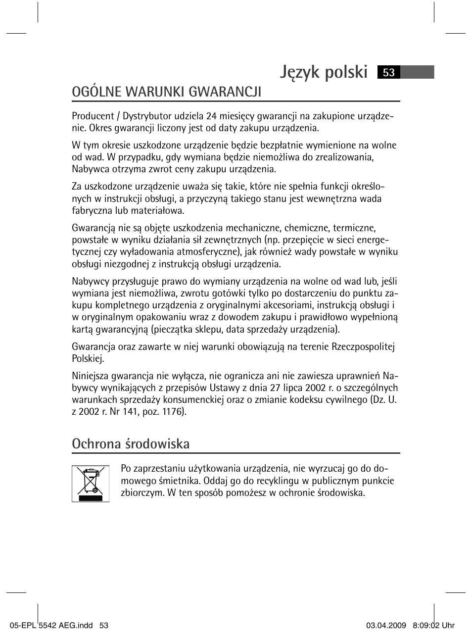 Język polski, Ogólne warunki gwarancji, Ochrona środowiska | AEG EPL 5542 User Manual | Page 53 / 78