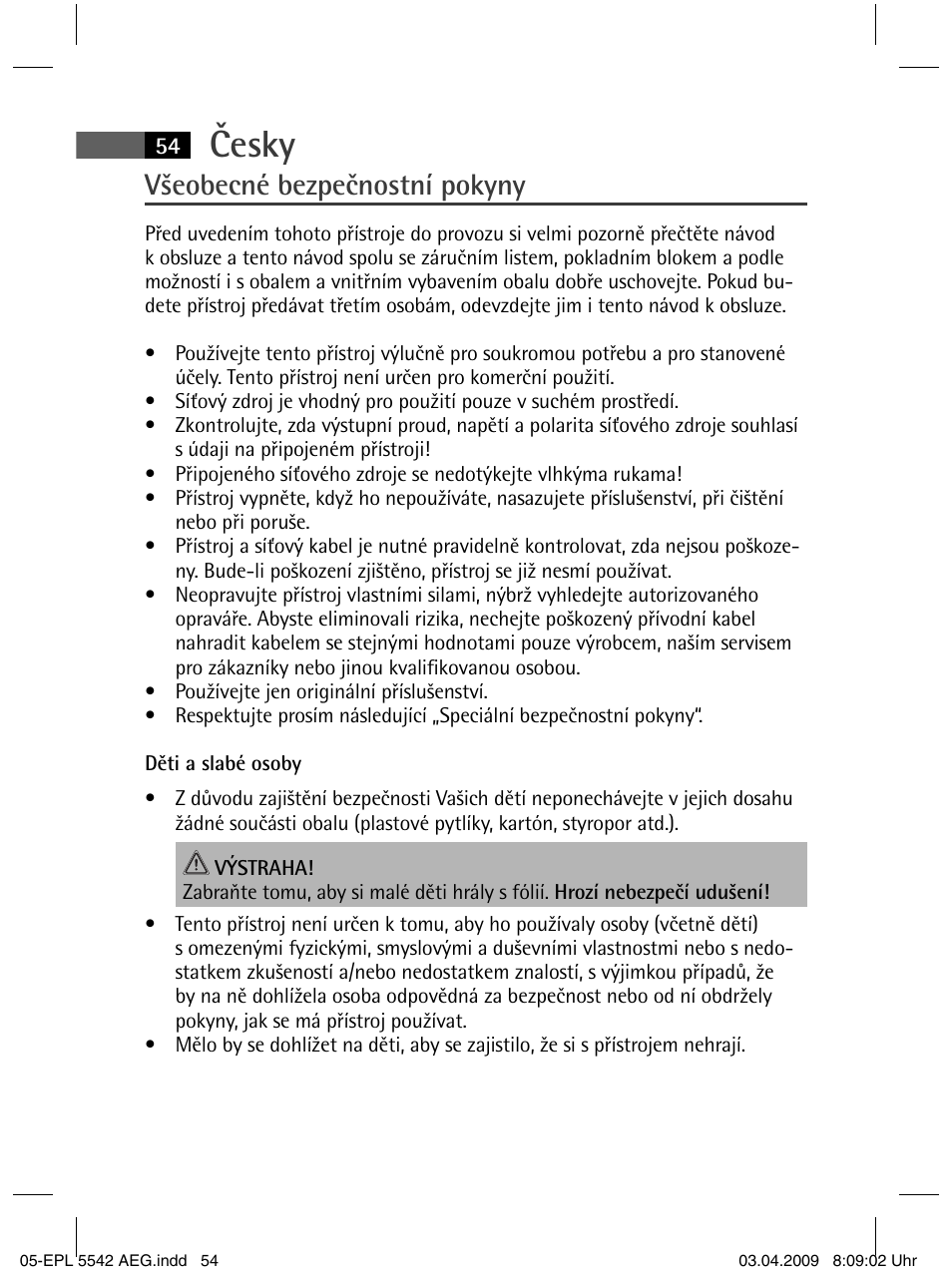 Česky, Všeobecné bezpečnostní pokyny | AEG EPL 5542 User Manual | Page 54 / 78