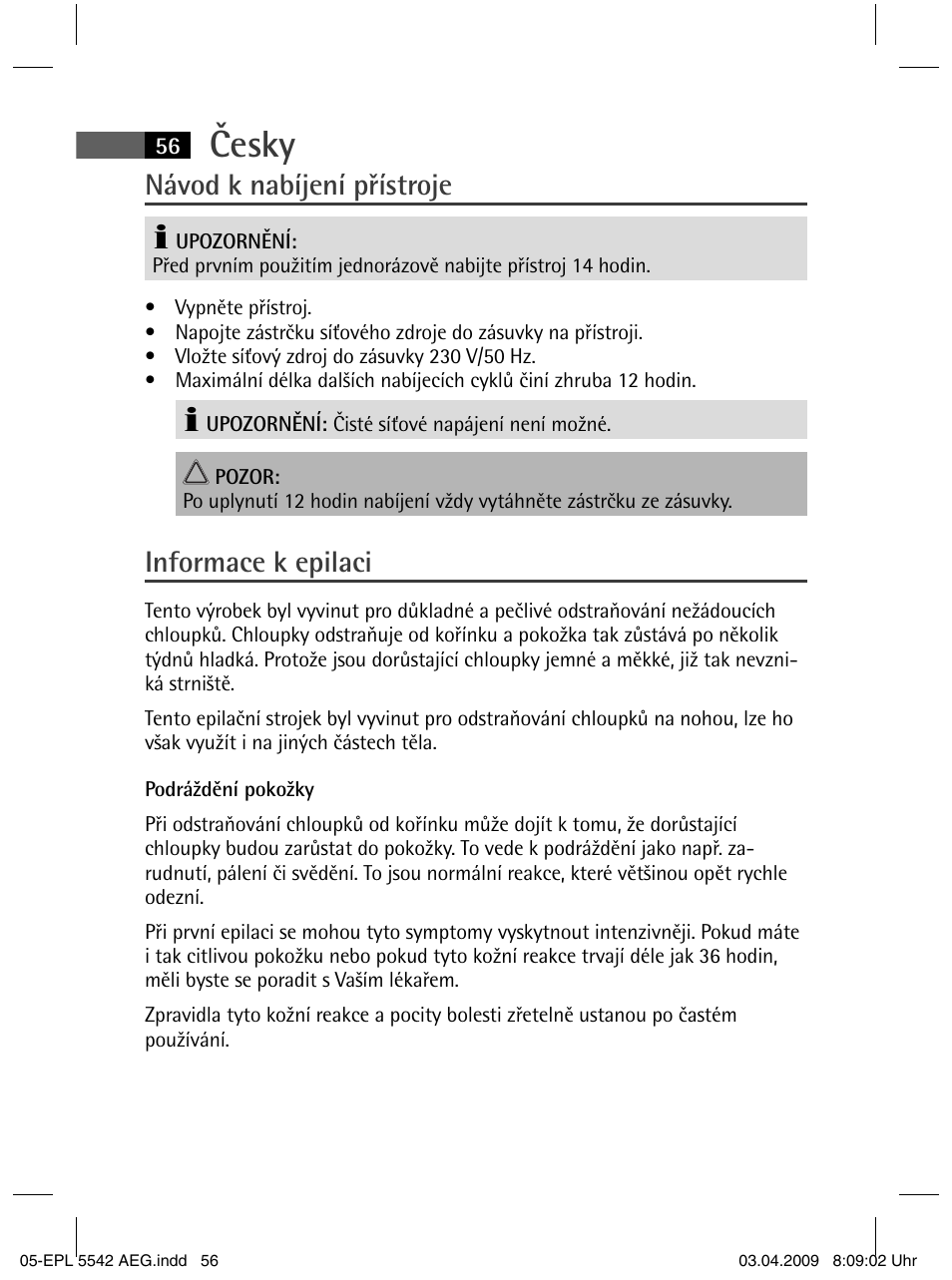 Česky, Návod k nabíjení přístroje, Informace k epilaci | AEG EPL 5542 User Manual | Page 56 / 78