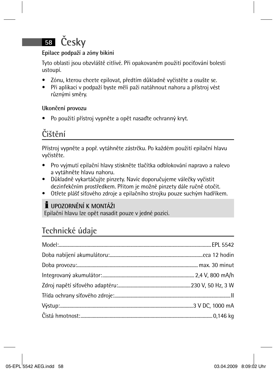 Česky, Čištění, Technické údaje | AEG EPL 5542 User Manual | Page 58 / 78