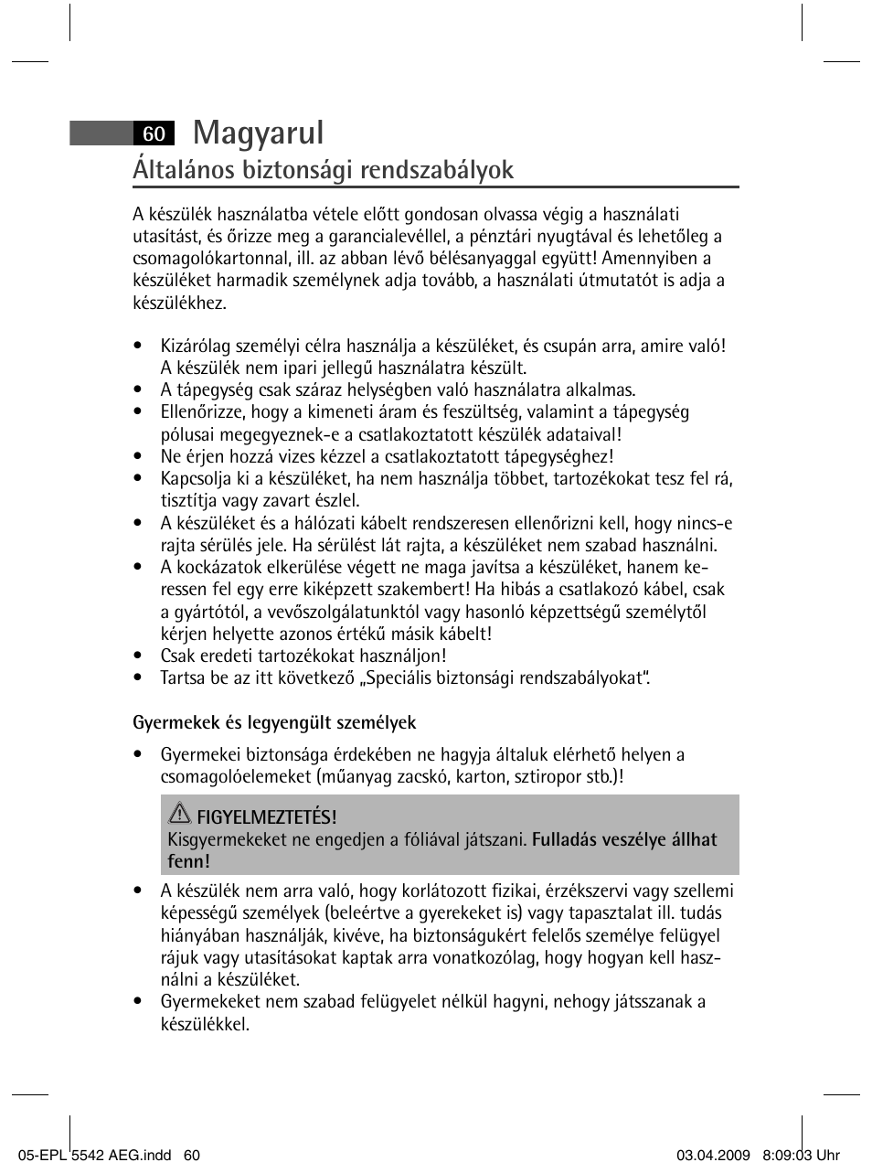 Magyarul, Általános biztonsági rendszabályok | AEG EPL 5542 User Manual | Page 60 / 78
