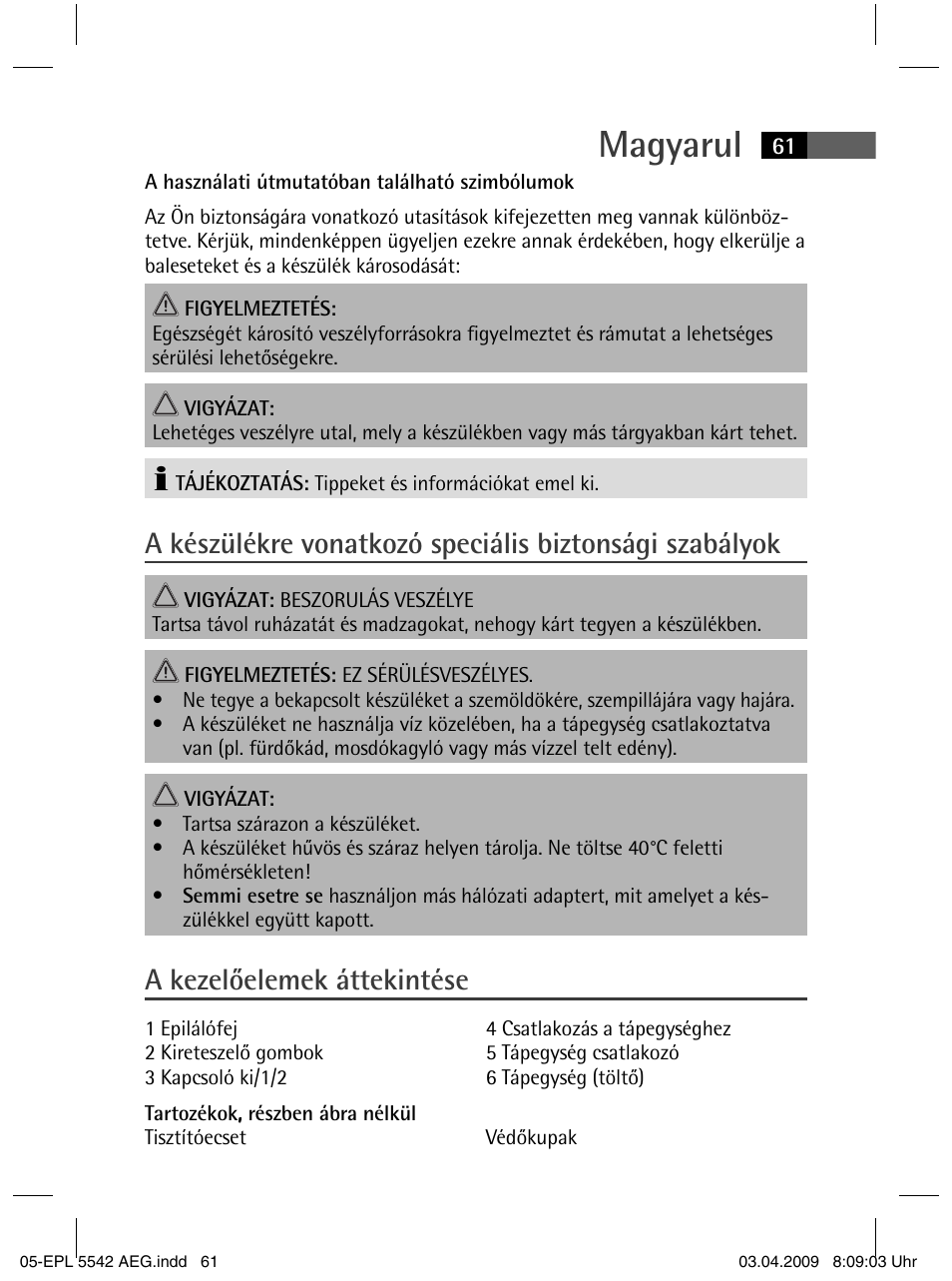 Magyarul, A kezelőelemek áttekintése | AEG EPL 5542 User Manual | Page 61 / 78