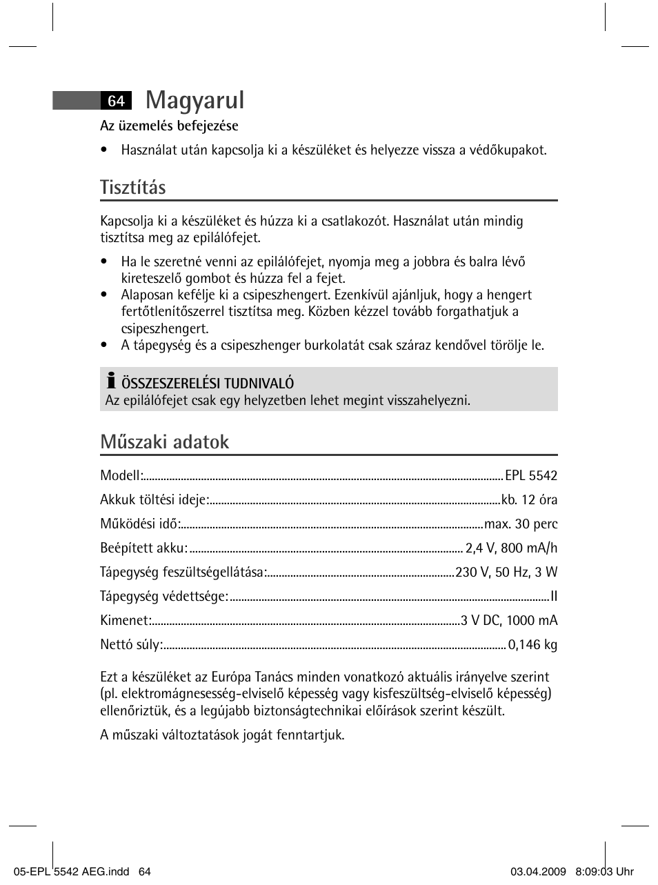 Magyarul, Tisztítás, Műszaki adatok | AEG EPL 5542 User Manual | Page 64 / 78
