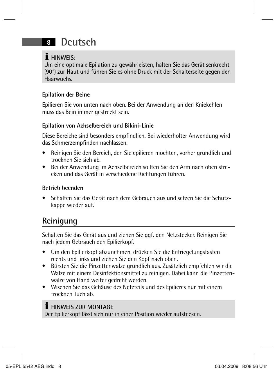 Deutsch, Reinigung | AEG EPL 5542 User Manual | Page 8 / 78