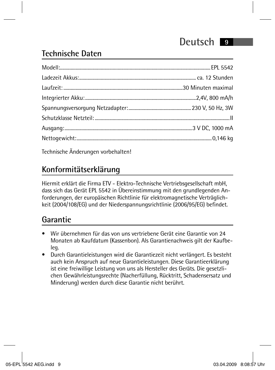Deutsch, Technische daten, Konformitätserklärung | Garantie | AEG EPL 5542 User Manual | Page 9 / 78