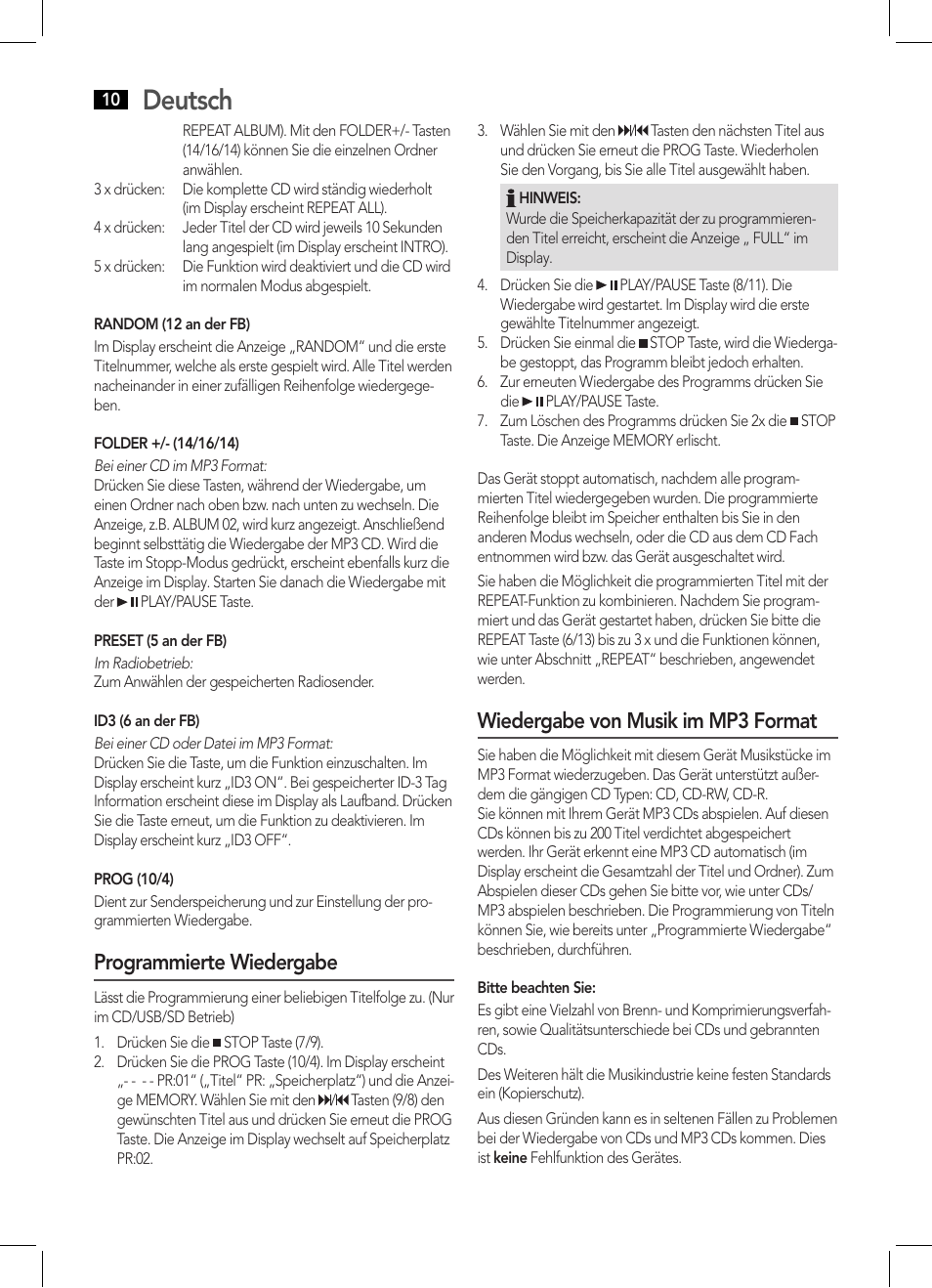 Deutsch, Programmierte wiedergabe, Wiedergabe von musik im mp3 format | AEG BSS 4808 User Manual | Page 10 / 90