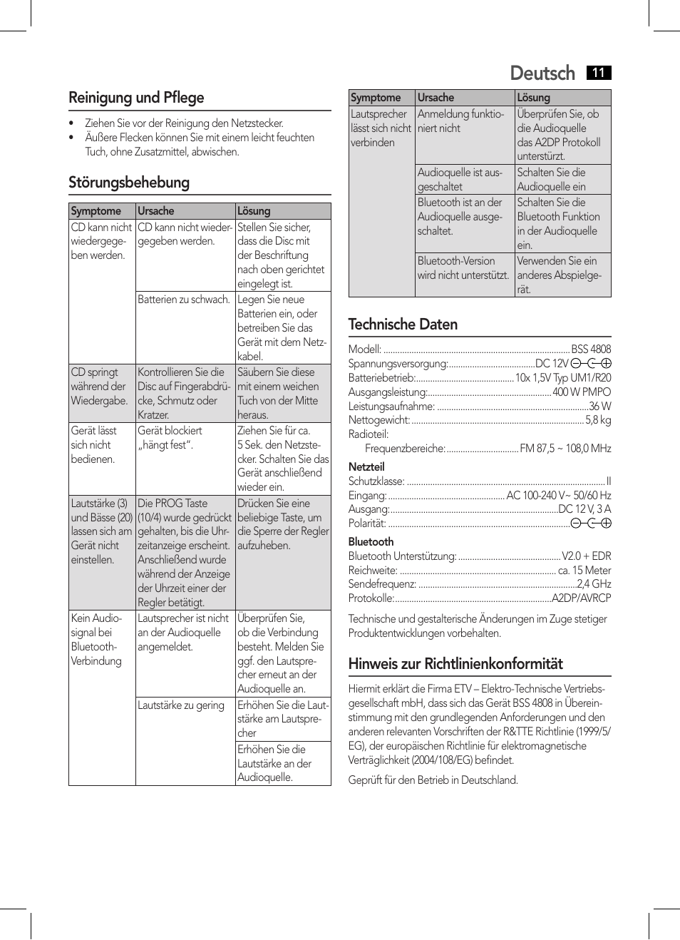 Deutsch, Reinigung und pflege, Störungsbehebung | Technische daten, Hinweis zur richtlinienkonformität | AEG BSS 4808 User Manual | Page 11 / 90
