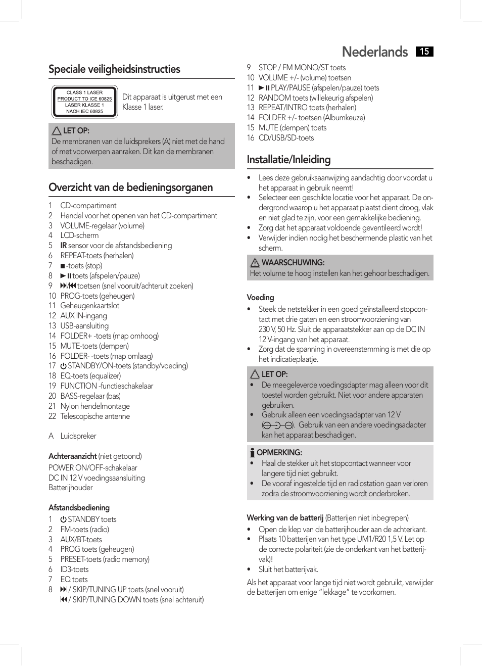 Nederlands, Speciale veiligheidsinstructies, Overzicht van de bedieningsorganen | Installatie/inleiding | AEG BSS 4808 User Manual | Page 15 / 90