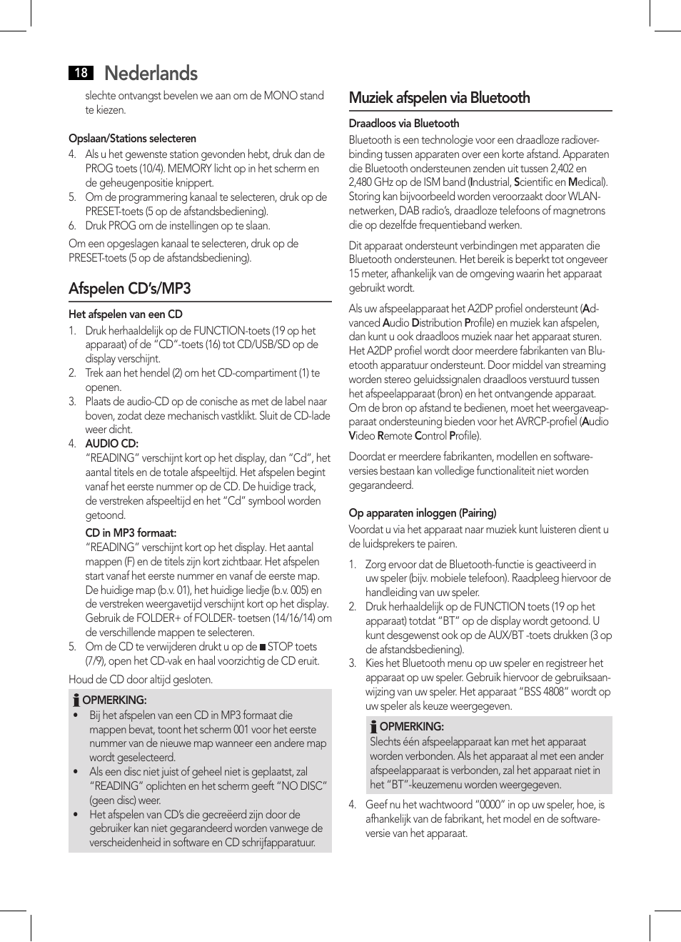 Nederlands, Afspelen cd’s/mp3, Muziek afspelen via bluetooth | AEG BSS 4808 User Manual | Page 18 / 90