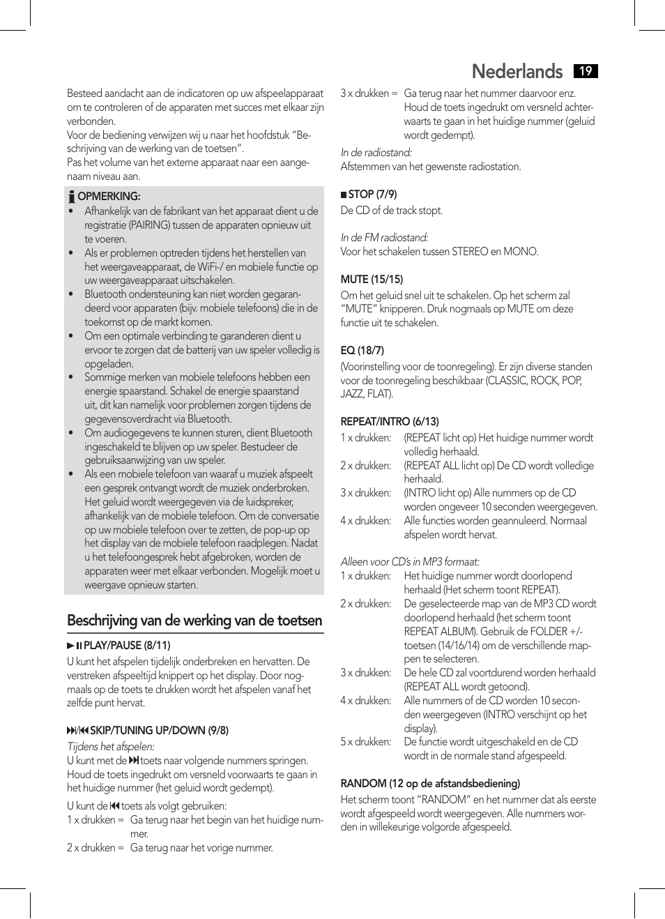 Nederlands, Beschrijving van de werking van de toetsen | AEG BSS 4808 User Manual | Page 19 / 90