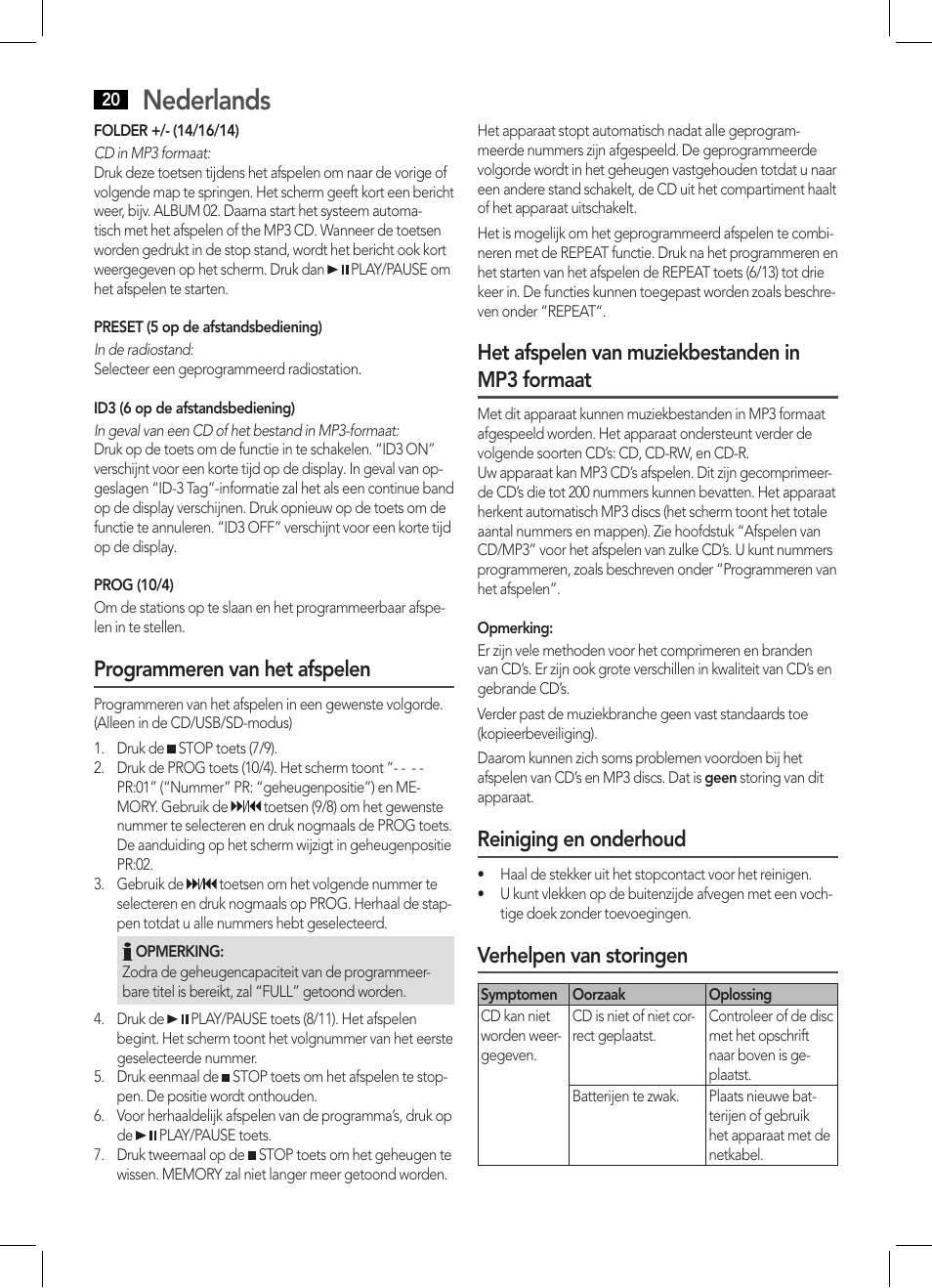 Nederlands, Programmeren van het afspelen, Het afspelen van muziekbestanden in mp3 formaat | Reiniging en onderhoud, Verhelpen van storingen | AEG BSS 4808 User Manual | Page 20 / 90