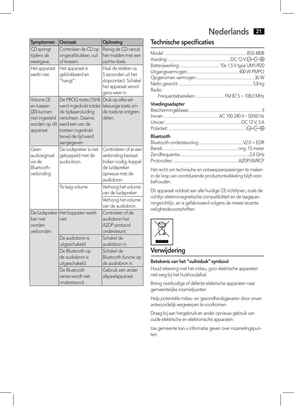 Nederlands, Technische specificaties, Verwijdering | AEG BSS 4808 User Manual | Page 21 / 90