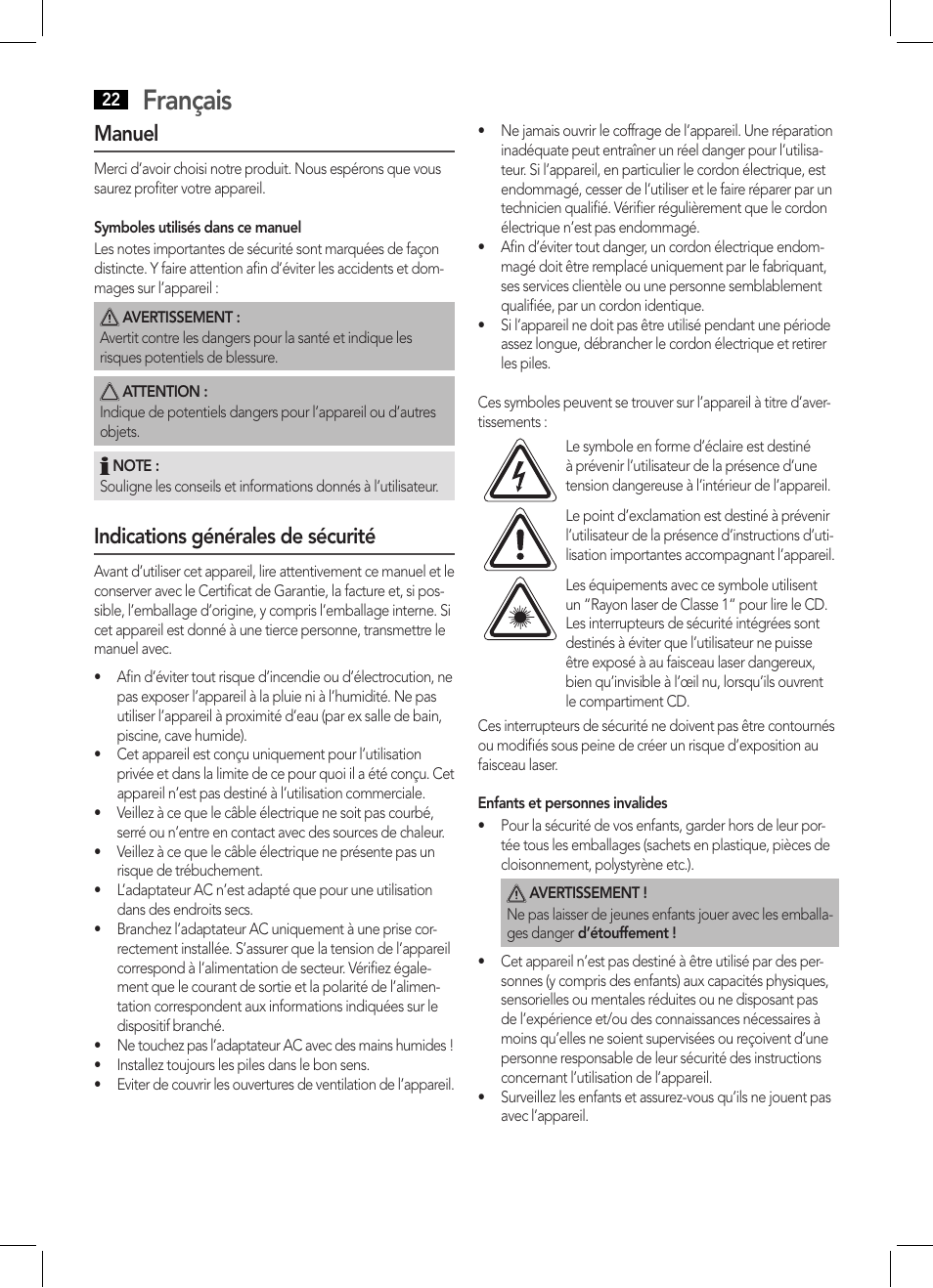 Français, Manuel, Indications générales de sécurité | AEG BSS 4808 User Manual | Page 22 / 90