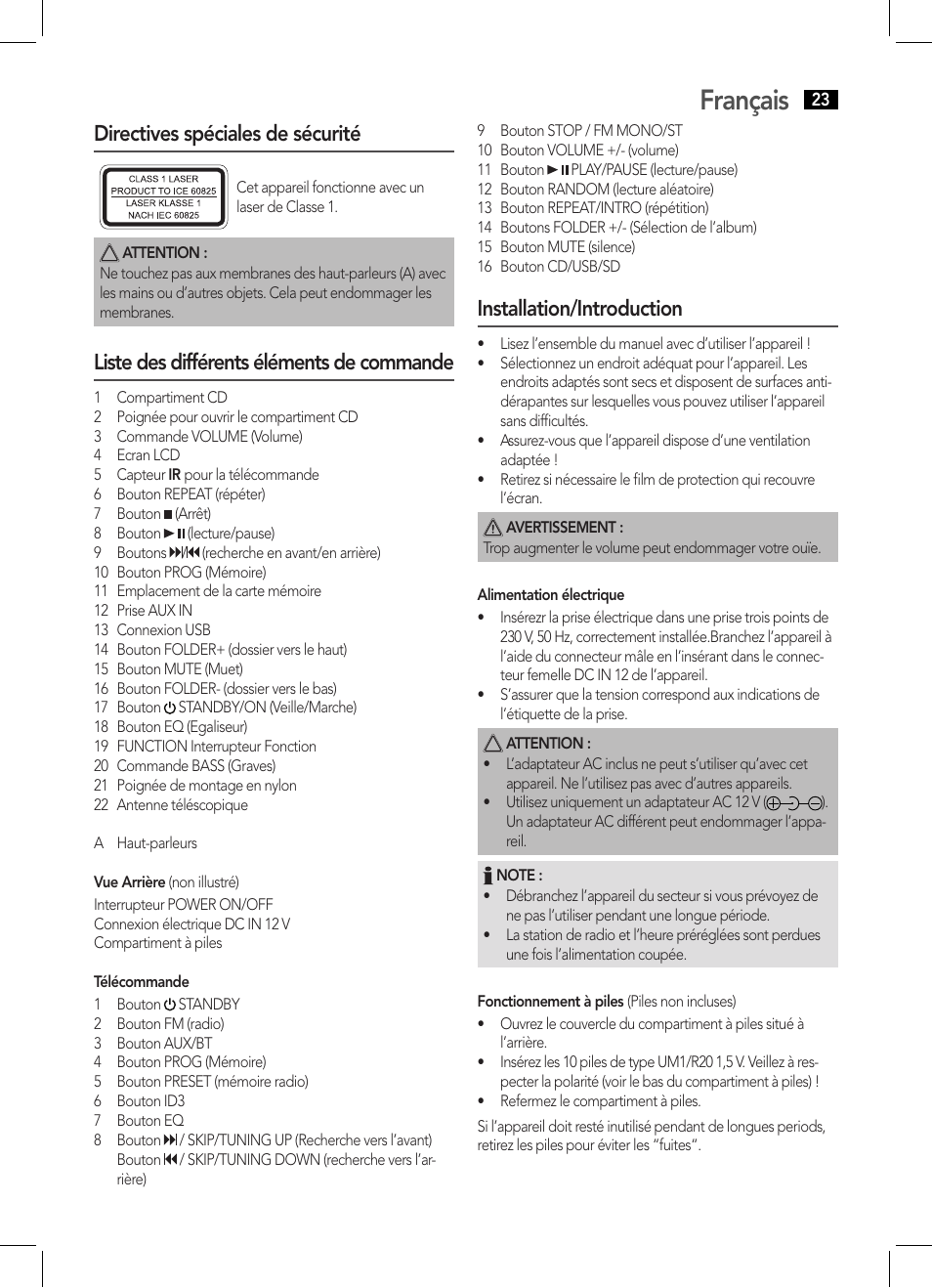 Français, Directives spéciales de sécurité, Liste des différents éléments de commande | Installation/introduction | AEG BSS 4808 User Manual | Page 23 / 90