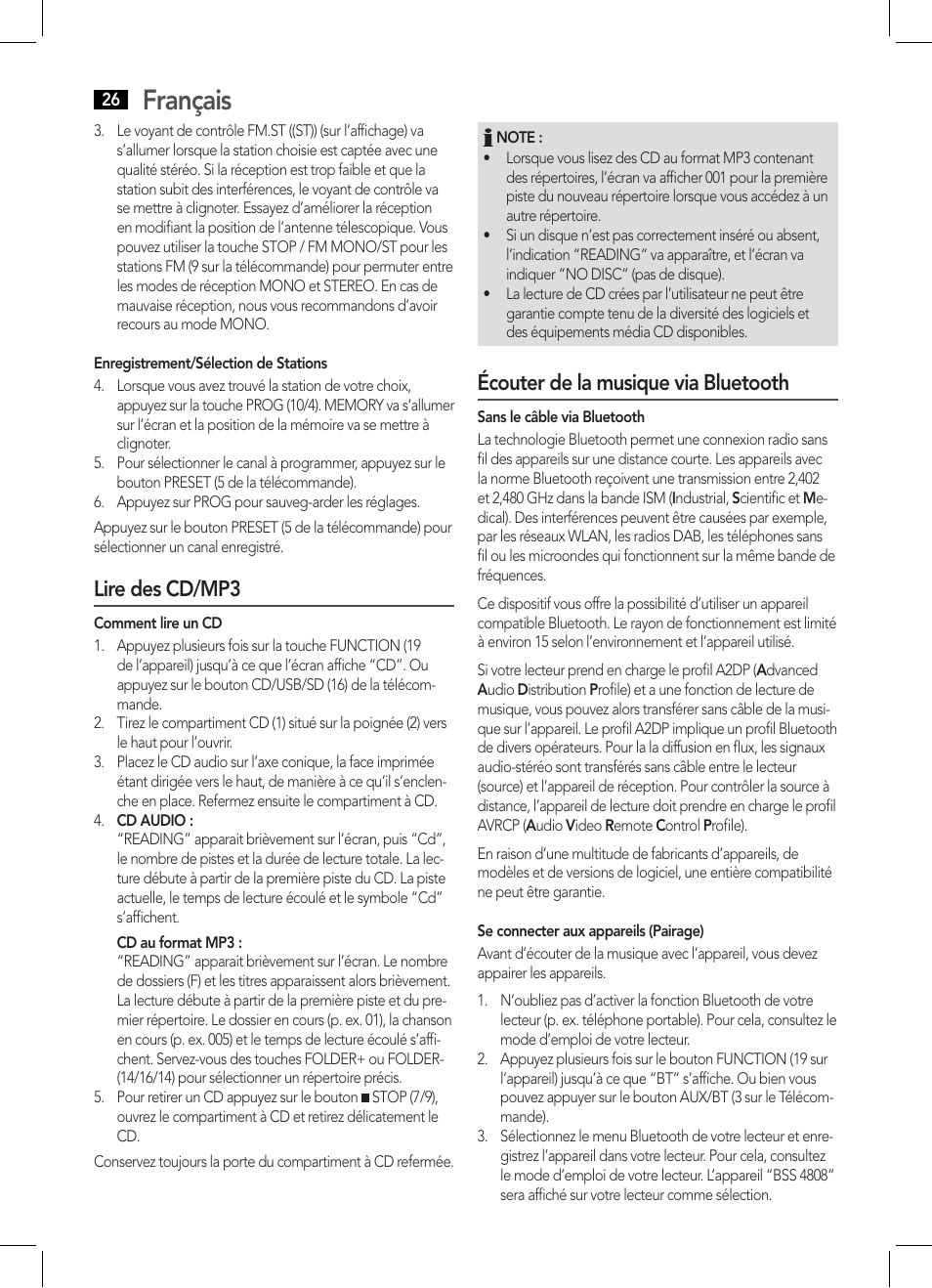 Français, Lire des cd/mp3, Écouter de la musique via bluetooth | AEG BSS 4808 User Manual | Page 26 / 90