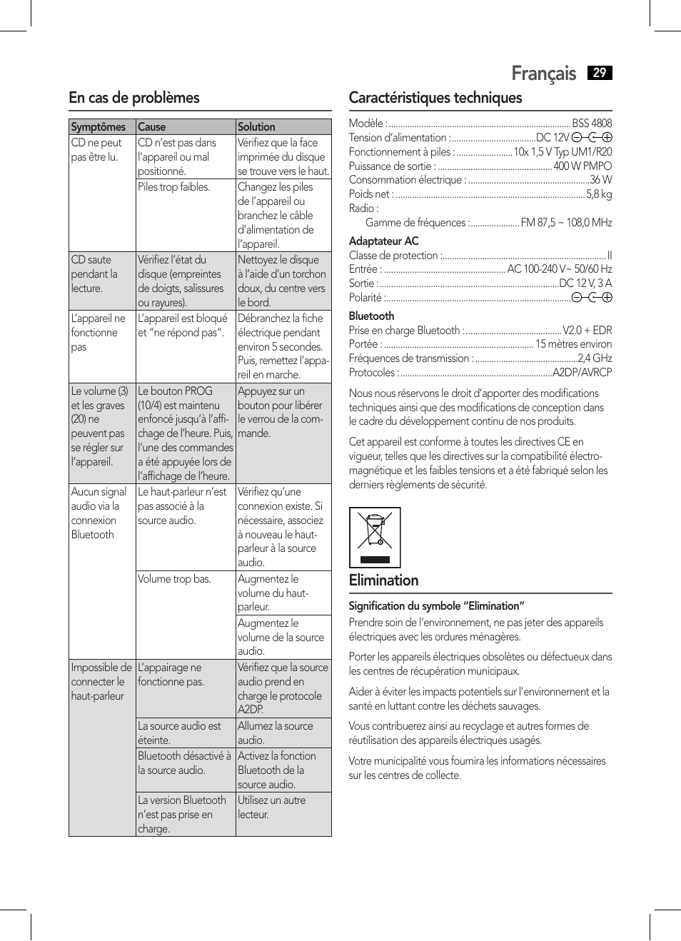 Français, En cas de problèmes, Caractéristiques techniques | Elimination | AEG BSS 4808 User Manual | Page 29 / 90