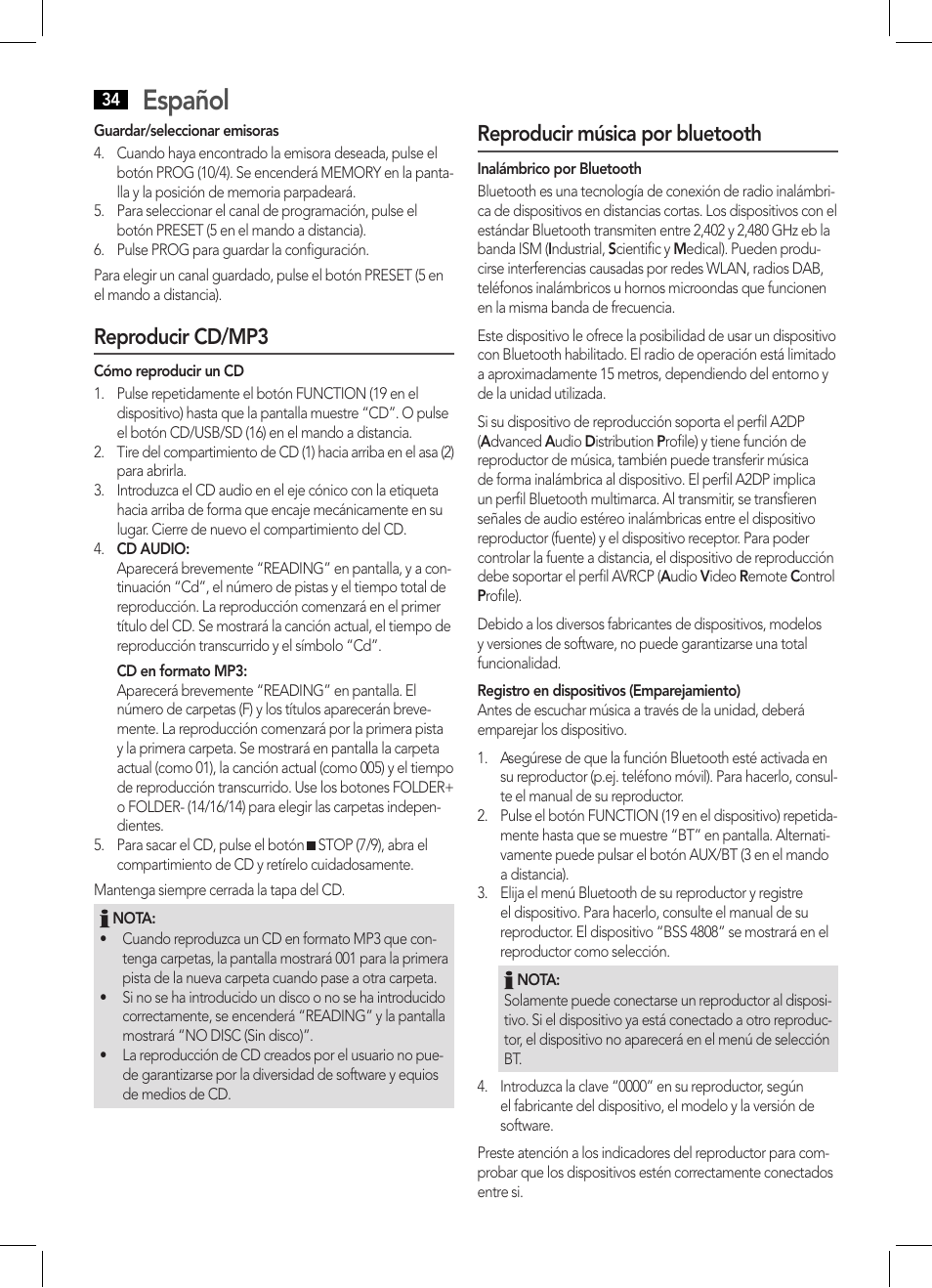 Español, Reproducir cd/mp3, Reproducir música por bluetooth | AEG BSS 4808 User Manual | Page 34 / 90
