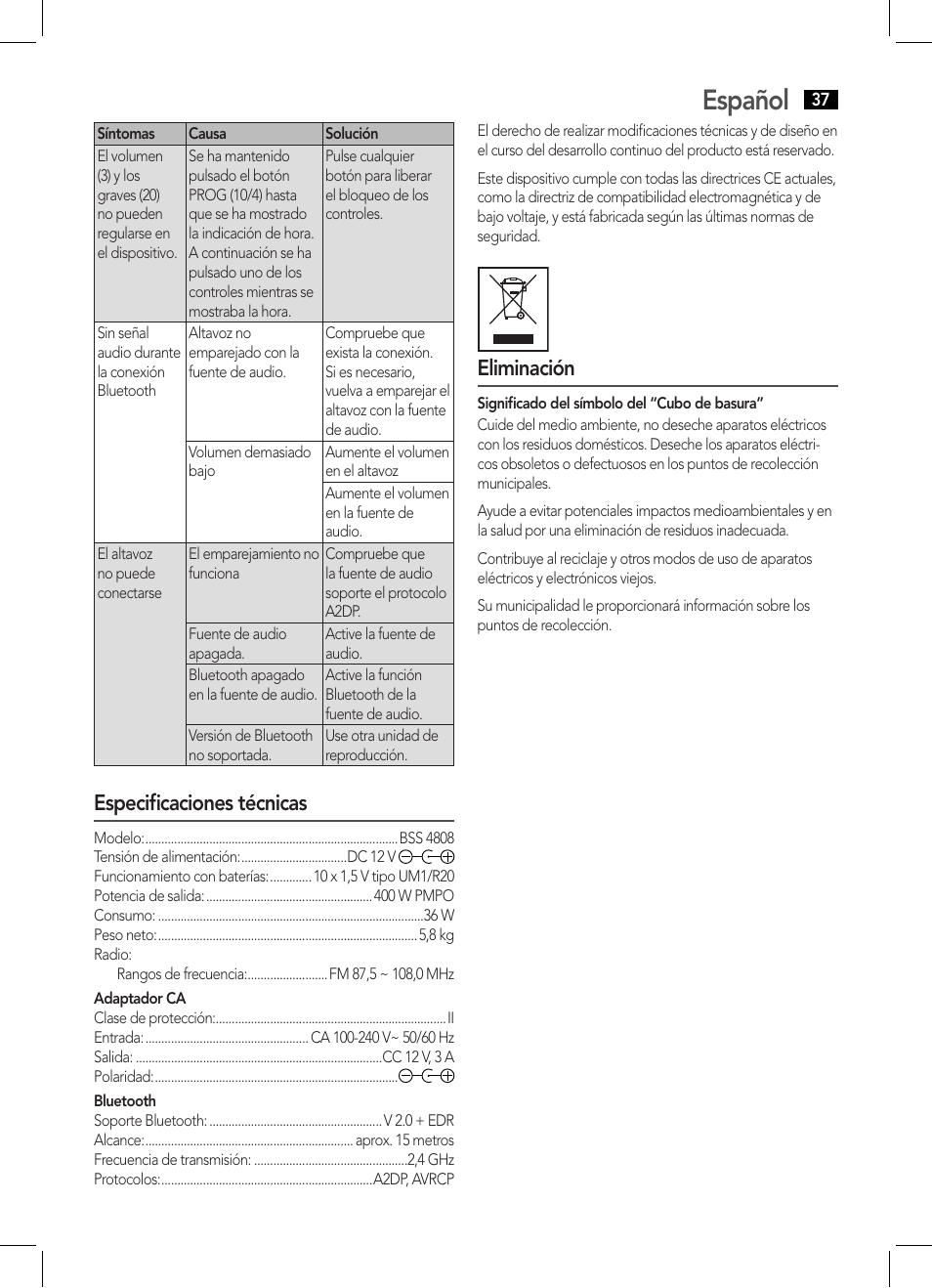 Español, Especificaciones técnicas, Eliminación | AEG BSS 4808 User Manual | Page 37 / 90
