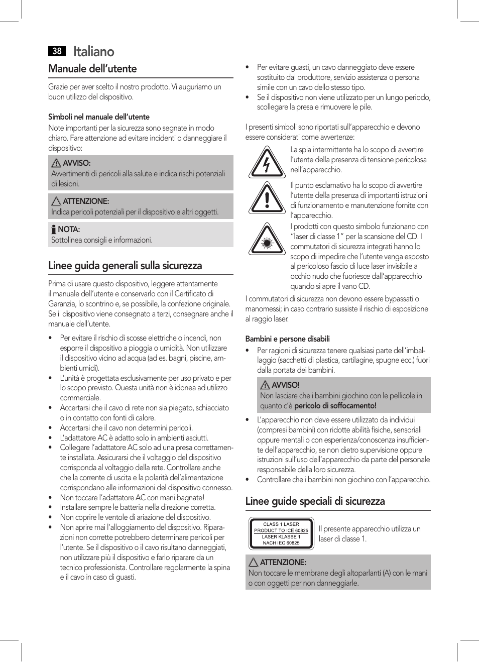Italiano, Manuale dell’utente, Linee guida generali sulla sicurezza | Linee guide speciali di sicurezza | AEG BSS 4808 User Manual | Page 38 / 90