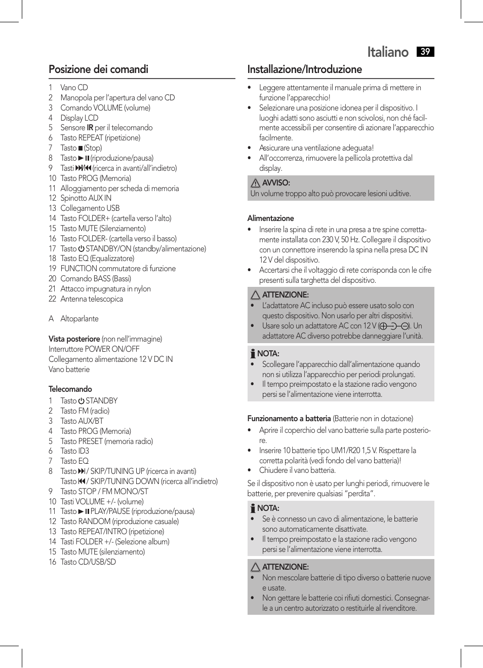 Italiano, Posizione dei comandi, Installazione/introduzione | AEG BSS 4808 User Manual | Page 39 / 90