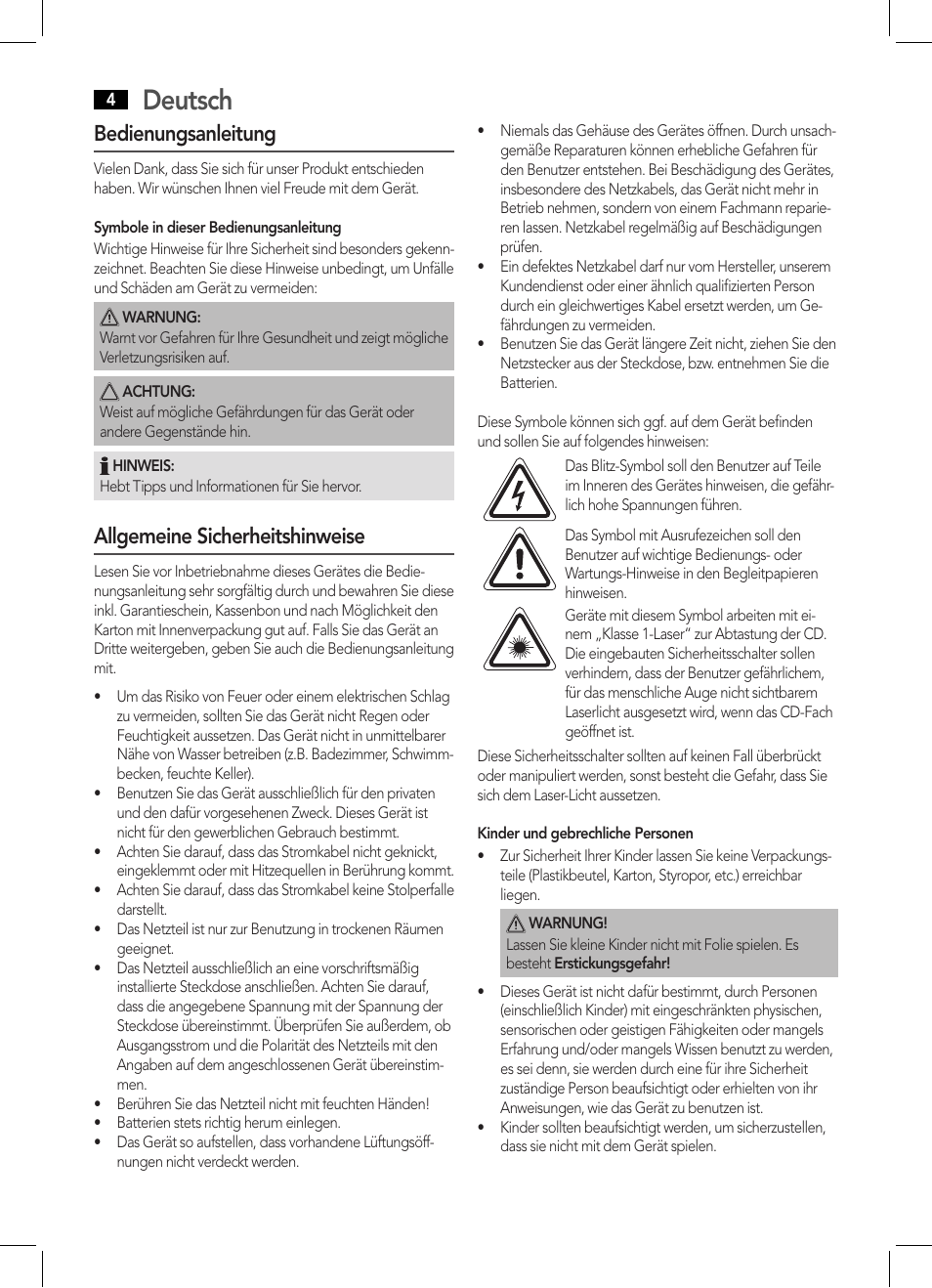 Deutsch, Bedienungsanleitung, Allgemeine sicherheitshinweise | AEG BSS 4808 User Manual | Page 4 / 90