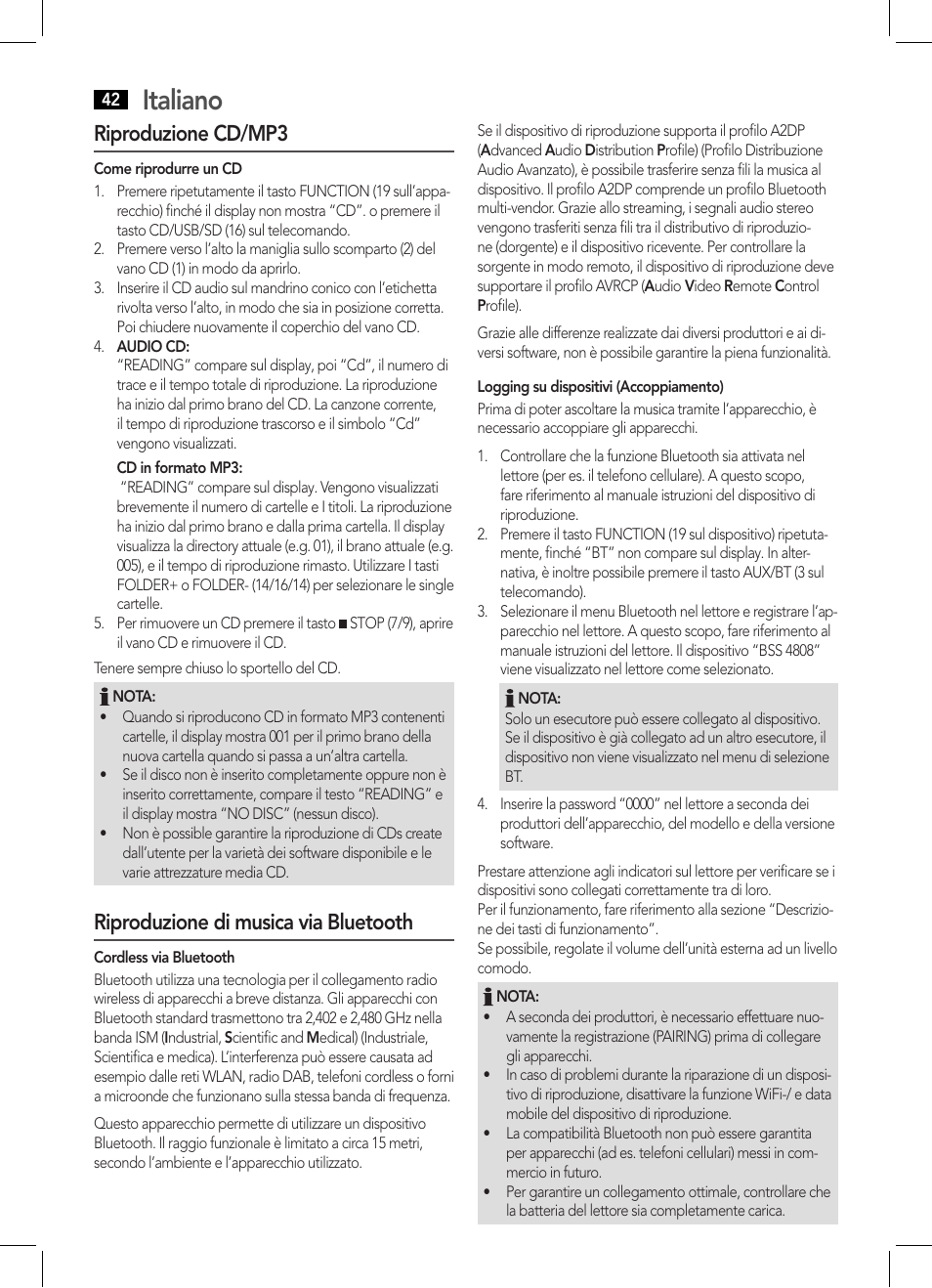 Italiano, Riproduzione cd/mp3, Riproduzione di musica via bluetooth | AEG BSS 4808 User Manual | Page 42 / 90