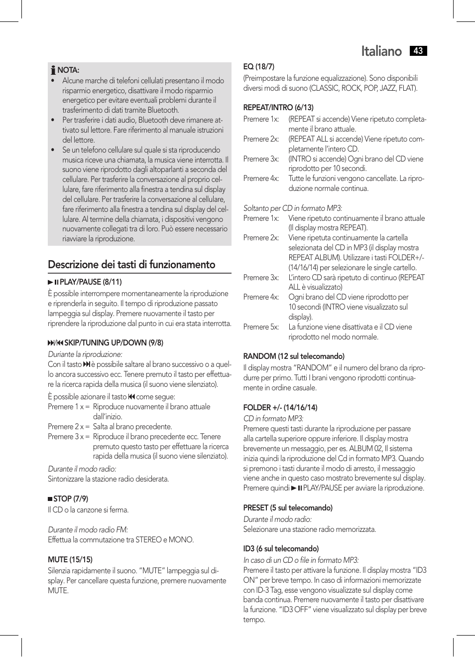 Italiano, Descrizione dei tasti di funzionamento | AEG BSS 4808 User Manual | Page 43 / 90