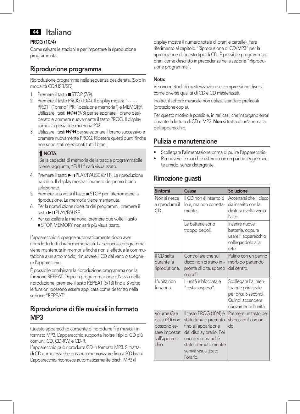 Italiano, Riproduzione programma, Riproduzione di file musicali in formato mp3 | Pulizia e manutenzione, Rimozione guasti | AEG BSS 4808 User Manual | Page 44 / 90