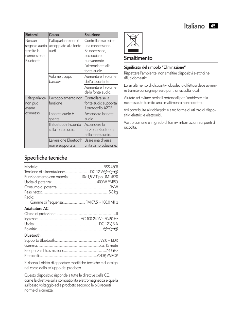 Italiano, Specifiche tecniche, Smaltimento | AEG BSS 4808 User Manual | Page 45 / 90