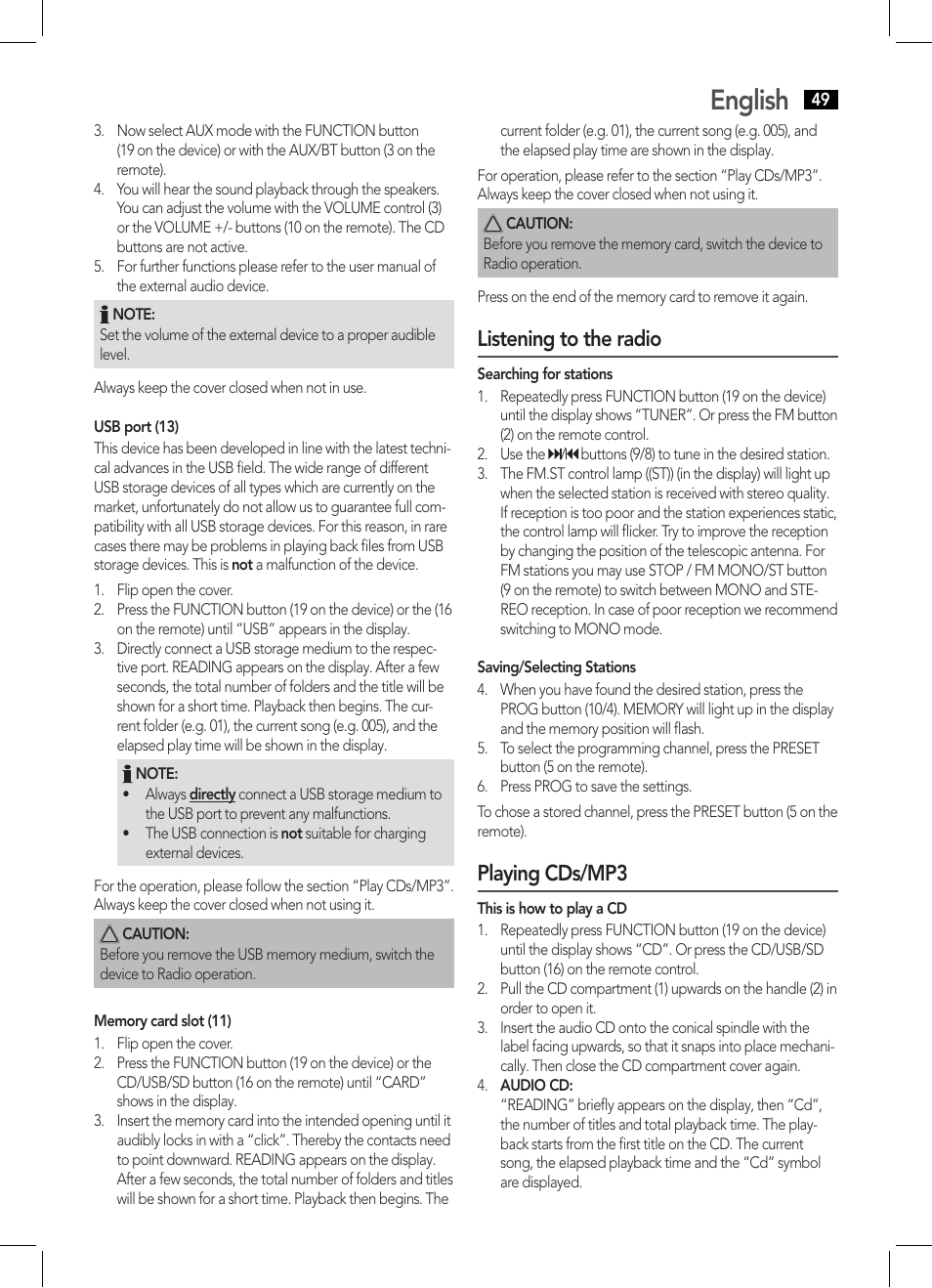 English, Listening to the radio, Playing cds/mp3 | AEG BSS 4808 User Manual | Page 49 / 90