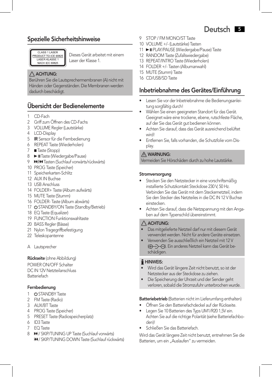 Deutsch, Spezielle sicherheitshinweise, Übersicht der bedienelemente | Inbetriebnahme des gerätes/einführung | AEG BSS 4808 User Manual | Page 5 / 90