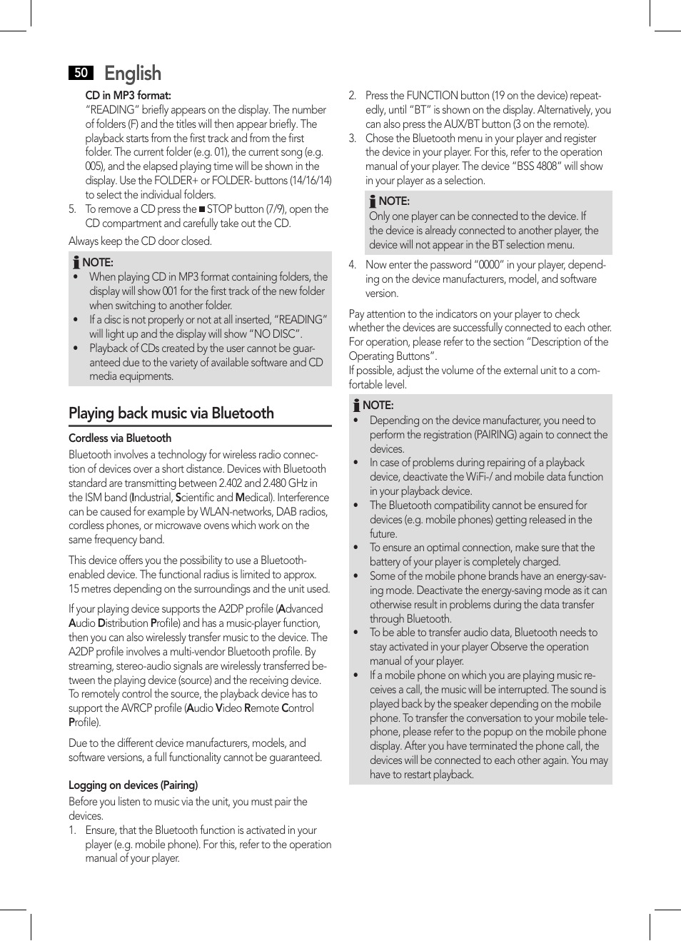 English, Playing back music via bluetooth | AEG BSS 4808 User Manual | Page 50 / 90