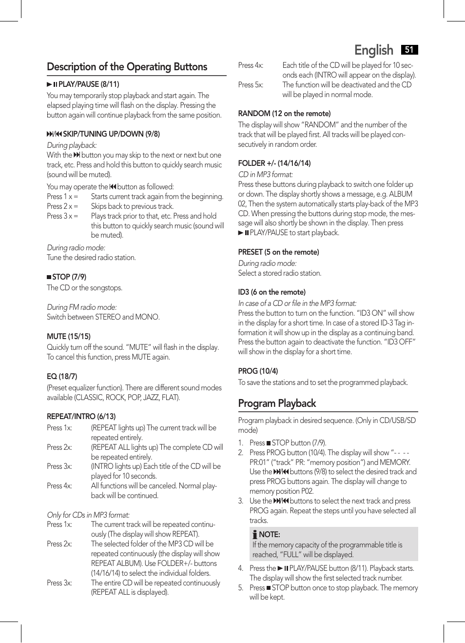 English, Description of the operating buttons, Program playback | AEG BSS 4808 User Manual | Page 51 / 90