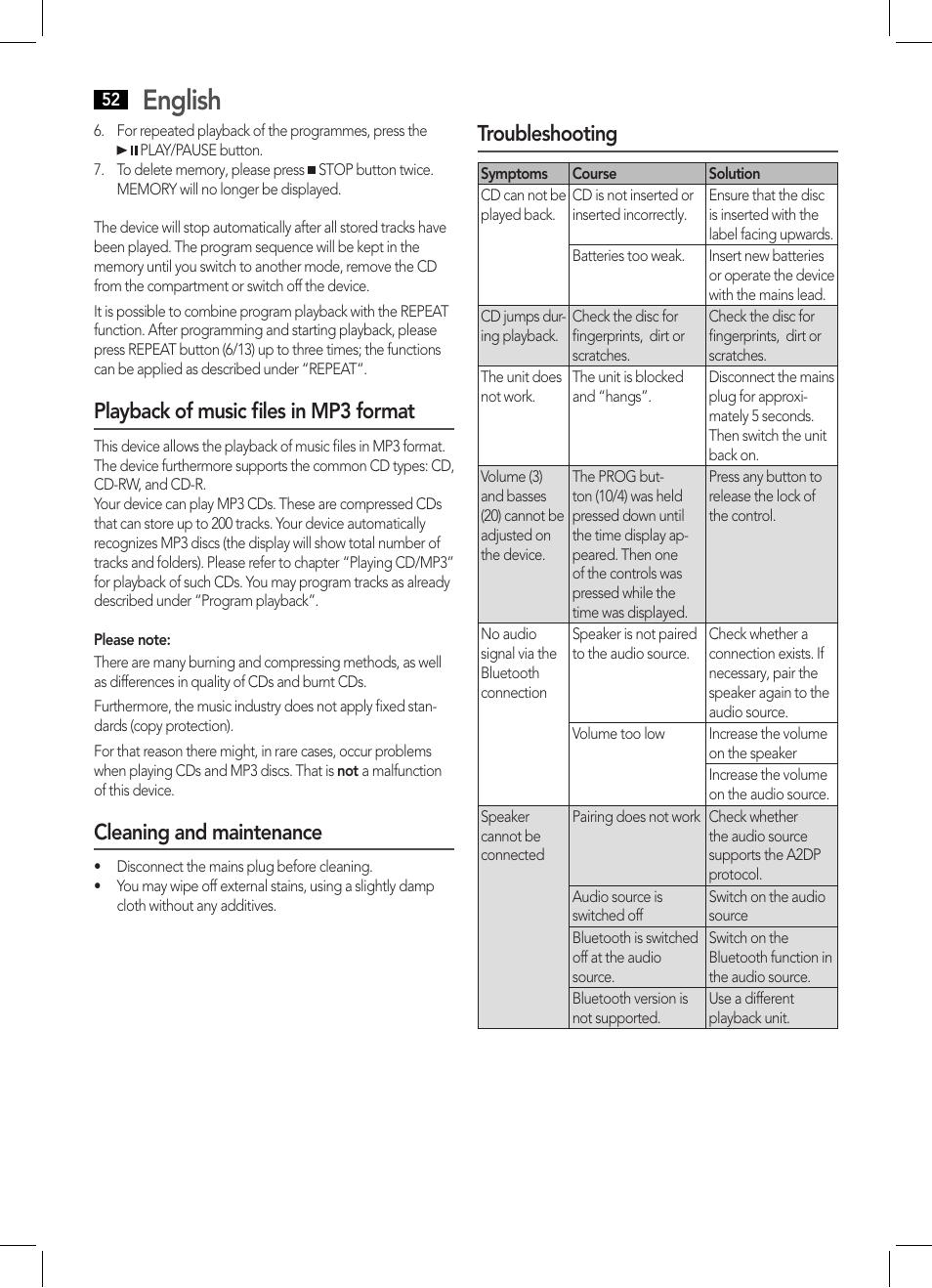 English, Playback of music files in mp3 format, Cleaning and maintenance | Troubleshooting | AEG BSS 4808 User Manual | Page 52 / 90